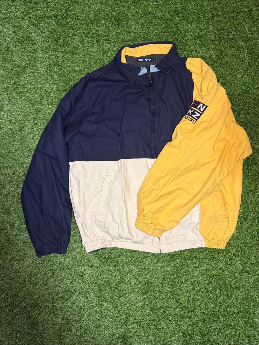 Vintage Nautica Men's Navy/Yellow/Cream Windbreaker - Reversible - Green